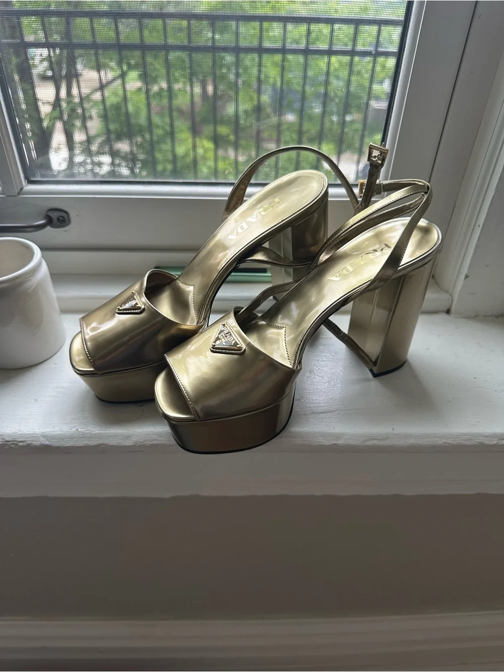 Prada Gold Metallic Platform Ankle-Strap Heels